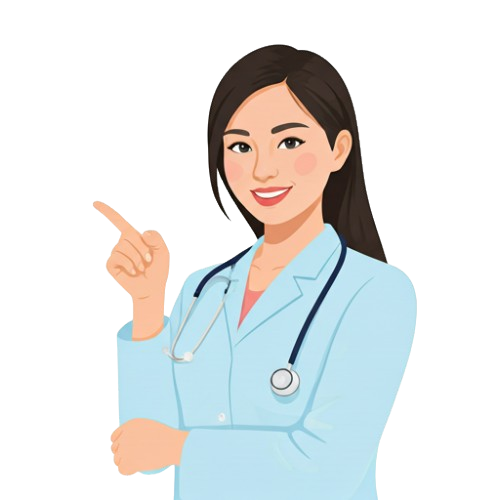 Female doctor smiling and pointing